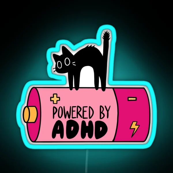 Powered By ADHD Cat Pink RGB Neon Sign