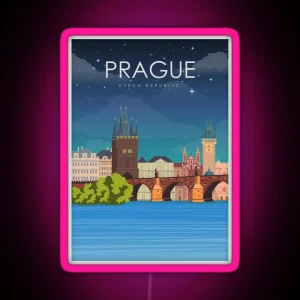 Prague Czech Republic Bridge Vintage Minimal Retro Travel Poster RGB Neon Sign