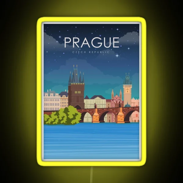 Prague Czech Republic Bridge Vintage Minimal Retro Travel Poster RGB Neon Sign