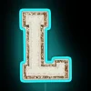 preppy varsity letter L neon sign with RGB blue lighting.