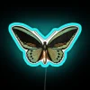 A colorful neon sign displaying PRIAM'S Birdwing butterfly, vibrant and eye-catching.
