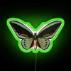 alt="Vibrant green neon sign displaying Priam's Birdwing design with RGB lighting effects.