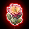 A vibrant RGB neon sign displaying a detailed image of a prickly pear cactus flower in red.