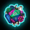 A vibrant Pride-themed polysexual d20 tabletop RPG gaming dice with neon RGB lighting.