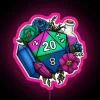 A colorful D20 tabletop RPG gaming die with a neon "Polysexual" sign in vibrant RGB colors.