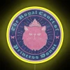 princess dungeon crawler with donut and carl on a vibrant blue, pink, and yellow neon rgb sign