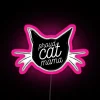 A vibrant neon sign displaying 'Proud Cat Mama' in eye-catching RGB pink tones.