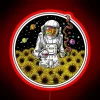psychedelic astronaut with sunflowers, rgb neon sign design with vibrant red glow