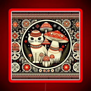 Psychedelic Mushroom Christmas Psilocybin Cottagecore Sacred Geometry Xmas Scandinavian Nordic White Cat RGB Neon Sign