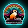 A psychedelic cat playing a synthesizer with an RGB neon sign.