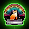 A psychedelic cat purring near an RGB neon sign shaped like a synthesizer.
