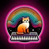 A psychedelic cat purring near an RGB neon synthesizer sign in vibrant pink.