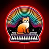 A colorful psychedelic illustration of a cat with neon synthesizer accessories.