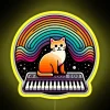 A psychedelic cat illustration featuring a synthesizer and vibrant RGB neon sign in bold yellow.