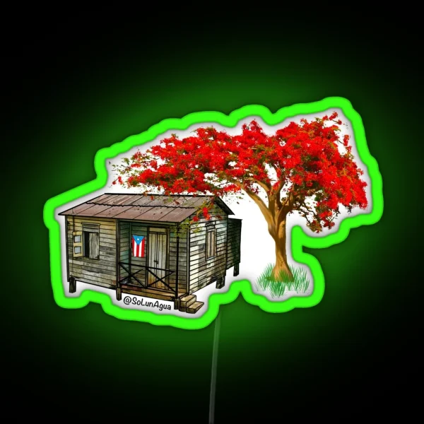 Puerto Rico Casita With Flag And Flamboyant Tree RGB Neon Sign