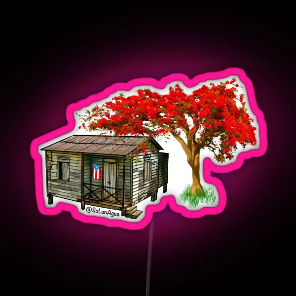 Puerto Rico Casita With Flag And Flamboyant Tree RGB Neon Sign