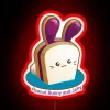 cute bunny eating a peanut butter and jelly sandwich with an RGB neon sign saying "Punny Buns" - Red