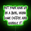 woman putting her hair up in a bun, drinking coffee, and handling tasks under an rgb neon sign