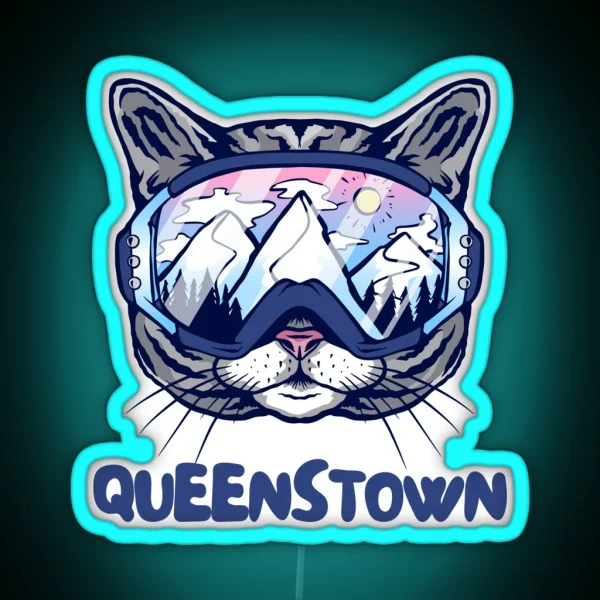 Queenstown Cat Skier Snowboarder Mountain Lover New RGB Neon Sign