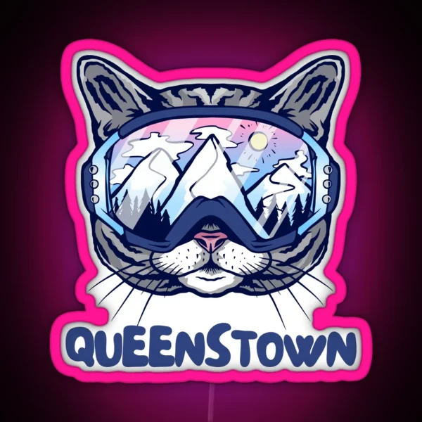 Queenstown Cat Skier Snowboarder Mountain Lover New RGB Neon Sign
