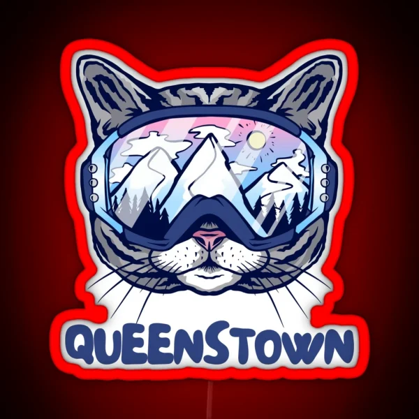 Queenstown Cat Skier Snowboarder Mountain Lover New RGB Neon Sign