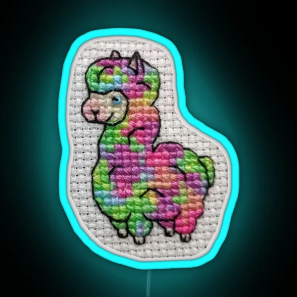 Rainbow Alpaca Cross Stitch RGB Neon Sign