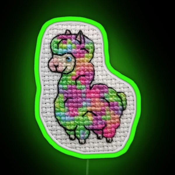 Rainbow Alpaca Cross Stitch RGB Neon Sign