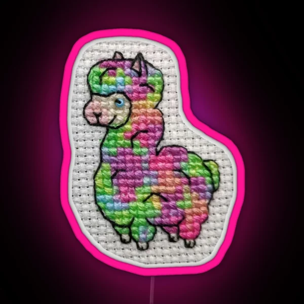 Rainbow Alpaca Cross Stitch RGB Neon Sign