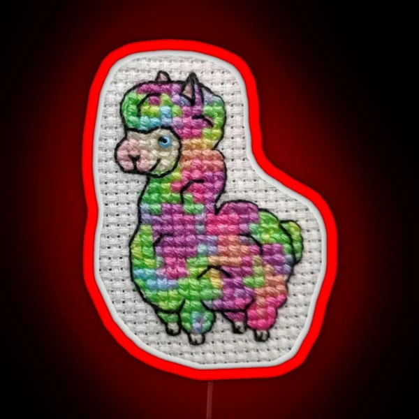 Rainbow Alpaca Cross Stitch RGB Neon Sign