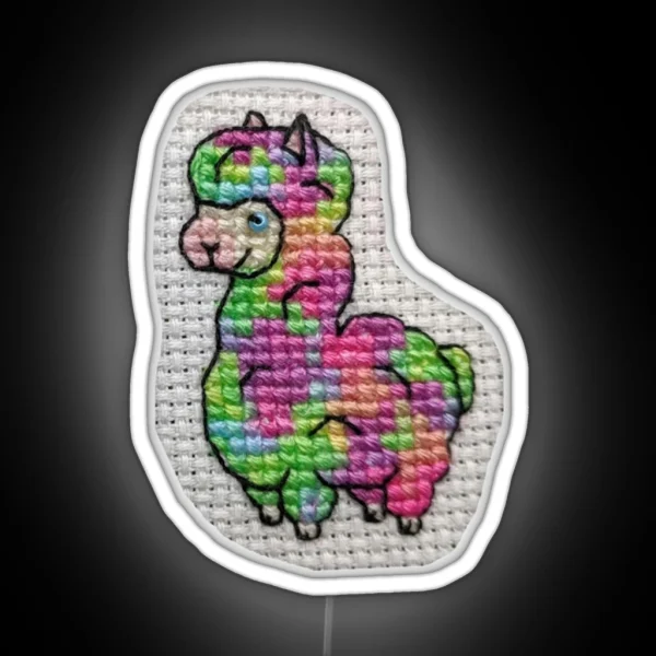 Rainbow Alpaca Cross Stitch RGB Neon Sign
