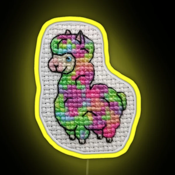 Rainbow Alpaca Cross Stitch RGB Neon Sign