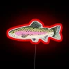 A vibrant RGB neon sign displaying "Rainbow Trout" in bold red letters.
