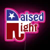 Neon sign displaying RIGHT with RGB lights and pink glow.
