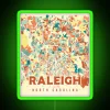 raleigh map in vibrant mosaic colors with rgb neon sign