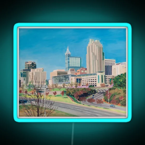 Raleigh NC Downtown Skyline Acrylic Painting RGB Neon Sign