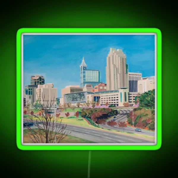 Raleigh NC Downtown Skyline Acrylic Painting RGB Neon Sign