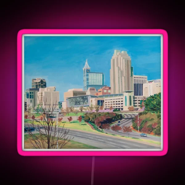 Raleigh NC Downtown Skyline Acrylic Painting RGB Neon Sign