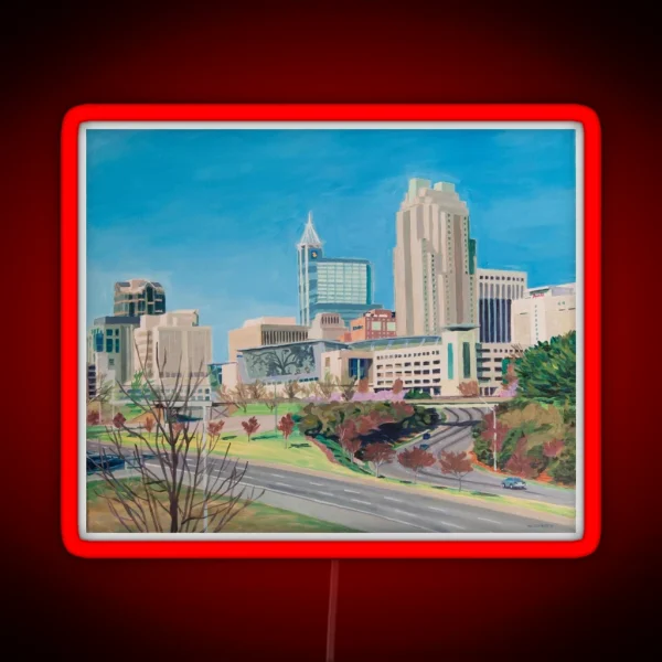 Raleigh NC Downtown Skyline Acrylic Painting RGB Neon Sign