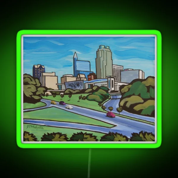 Raleigh NC Skyline Whimsical Cartoon RGB Neon Sign