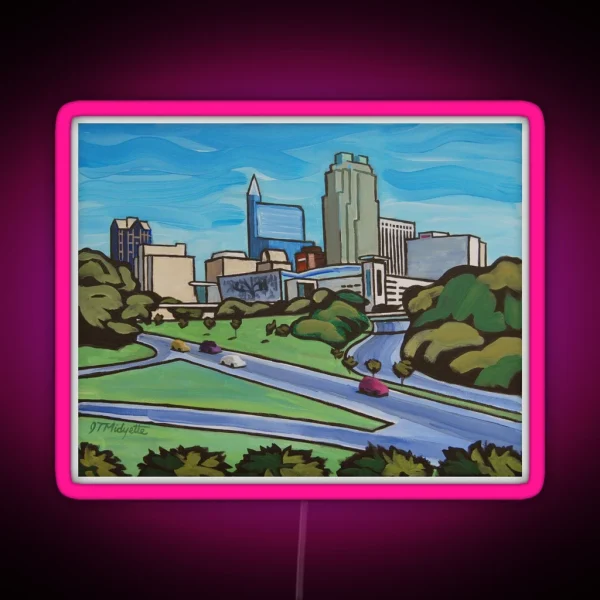 Raleigh NC Skyline Whimsical Cartoon RGB Neon Sign