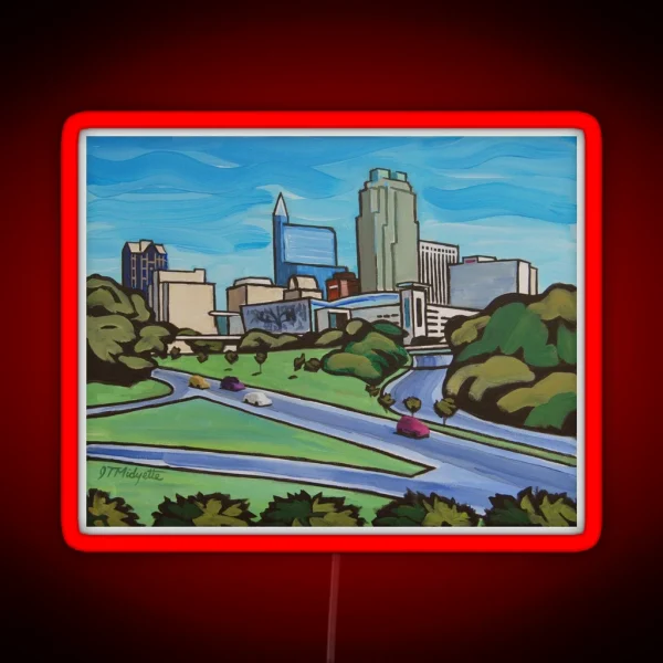 Raleigh NC Skyline Whimsical Cartoon RGB Neon Sign