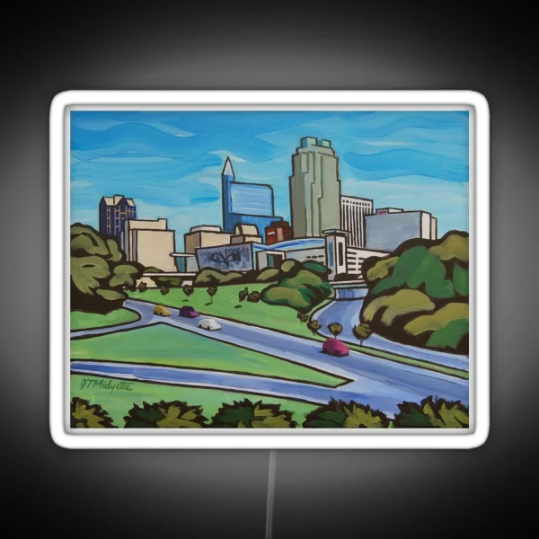 Raleigh NC Skyline Whimsical Cartoon RGB Neon Sign