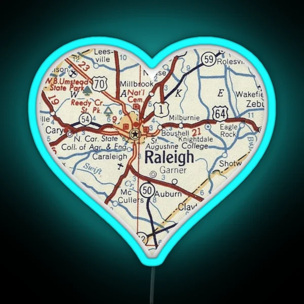Raleigh NC Vintage Map RGB Neon Sign