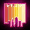 Raleigh skyline silhouette with RGB neon sign glowing in vibrant pink.