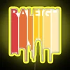 Raleigh skyline silhouette with an RGB neon sign in vibrant yellow.