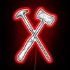neon sign featuring ratched's iconic surgical tools, including a lobotomy pick, orbitoclast, and hammer, in vibrant rgb ne...