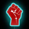 rgb neon sign displaying a red fist with vibrant blue accents - modern glowing graphic design.