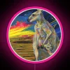 A red kangaroo and her Joey posing in front of an RGB neon sign with vibrant pink tones.