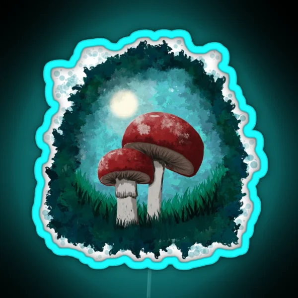 Red Mushrooms In The Forest In A Painterly RGB Neon Sign