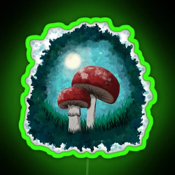 Red Mushrooms In The Forest In A Painterly RGB Neon Sign